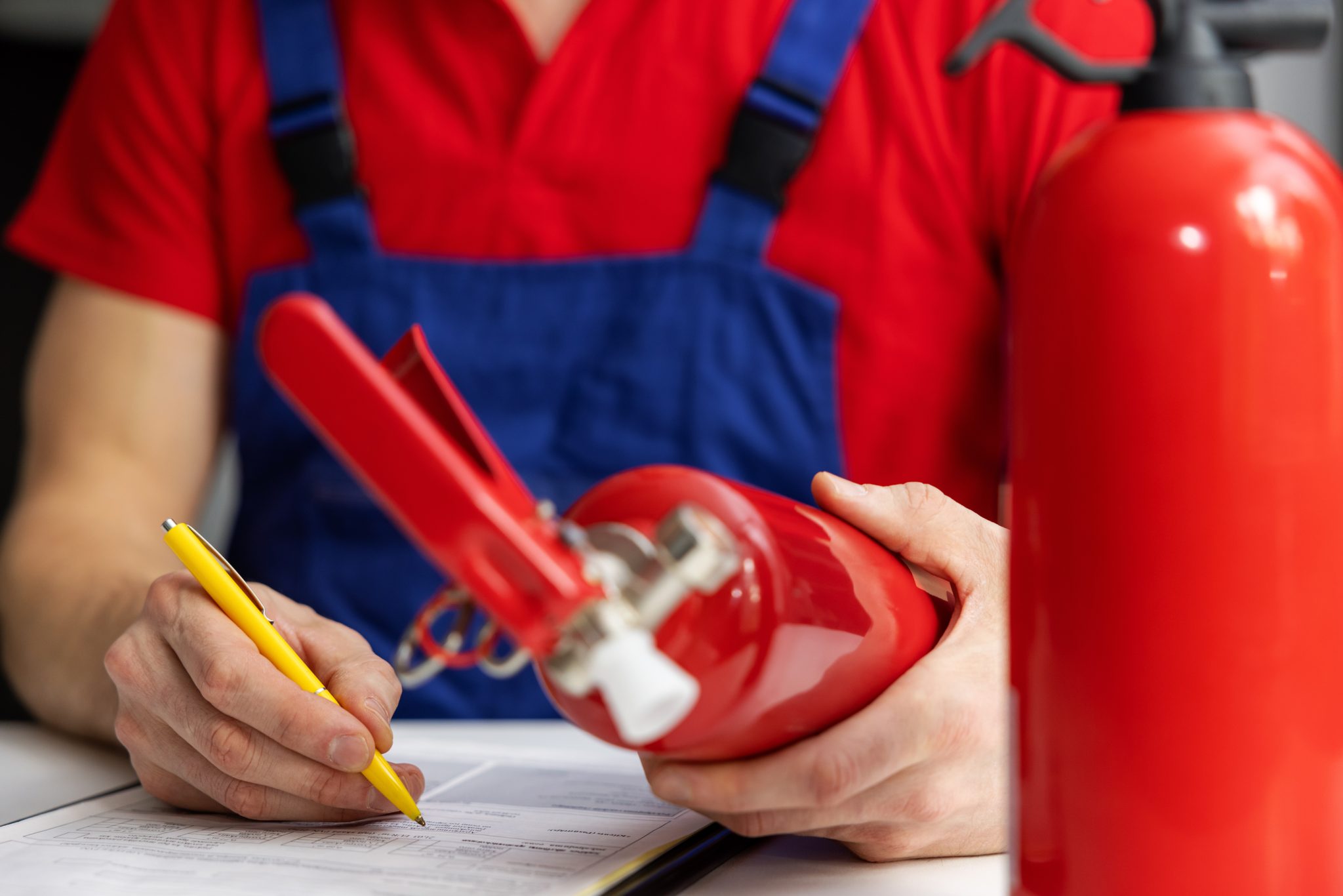fire-safety-equipment-control-service-engineer-checking-extinguisher-condition-and-writing-documents-210108384